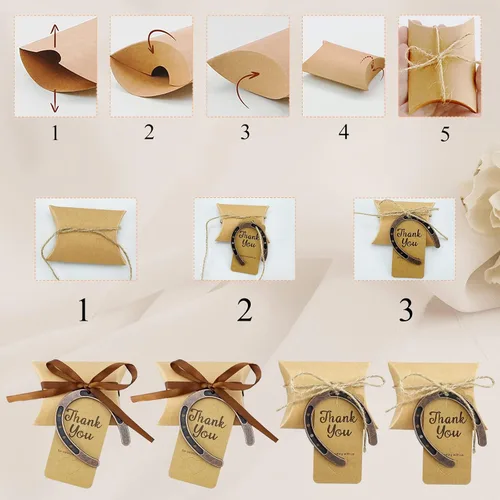 Vista 2 de 50 cajas de recuerdos de boda para fiesta de herradura de la suerte, zapatos de caballo para decoraciones de fiesta de vaquero occidental, caja