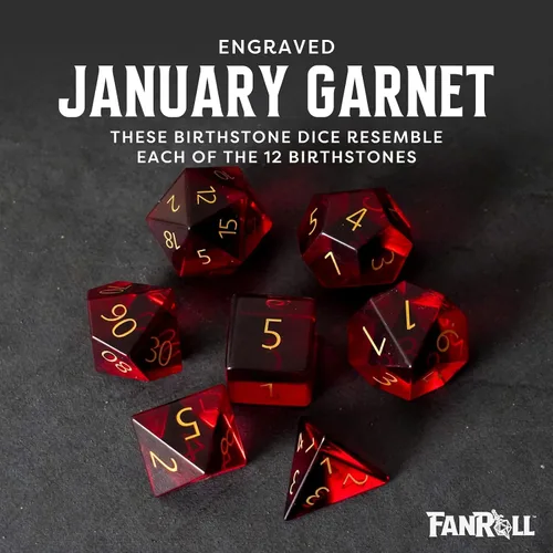 Vista 6 de FanRoll - Juego de dados DND de 0.630 in con piedra natal de polietileno: Granate de enero grabado, dados de juego de rol para Calabozos y Dragones