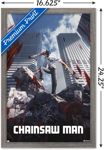 Vista 3 de Chainsaw Man - Póster de pared de arte clave, 22.4 pulgadas de largo x 14.7 pulgadas de ancho, versión enmarcada de madera de granero