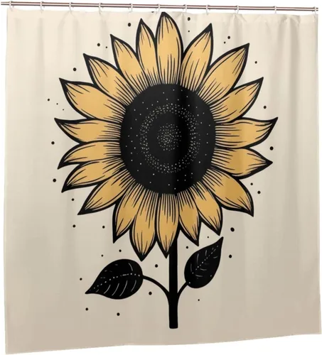 Vista 7 de YLATY2371 - Cortina de ducha con diseño de girasoles para baño, pétalos florales amarillos, hojas negras, juego de cortina de ducha bohemia, tela