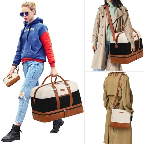Vista 140 de IBFUN Bolsas de fin de semana para mujer, bolsa grande de lona para viaje, bolsa de viaje con compartimento para zapatos, 21 pulgadas, juego de 3