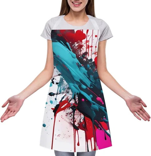 Vista 3 de MUSM Apron for Adults - 27.6 X 31.5 Inch, Heavy-Duty Polyester Aprons with Two Large Pockets, Waterproof Abstract Paint Splashes Kitchen Apron for