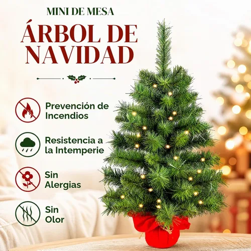 Vista 4 de Mini árbol de Navidad artificial preiluminado de 2 pies Árbol de mesa preiluminado de 2 pies, base de bolsa de tela pequeña con 50 luces, funciona