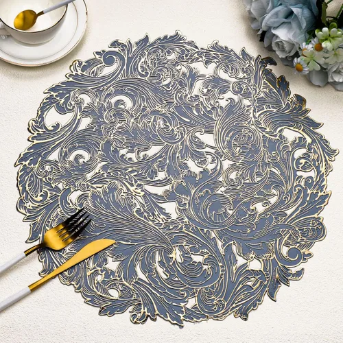 Vista 12 de Juego de 6 manteles individuales dorados con flores para mesa de comedor, manteles individuales redondos de vinilo prensado metálico de 15 pulgadas