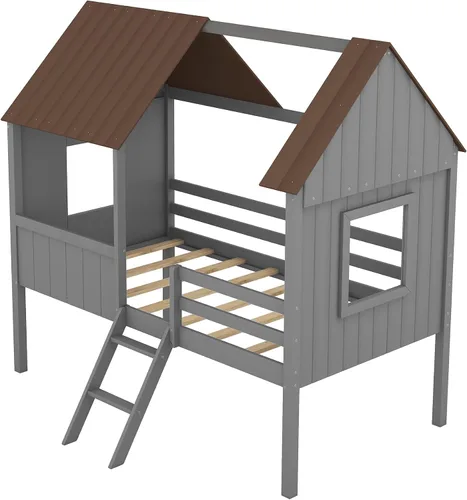 Vista 6 de Quarte Fun House - Cama con techo y dos ventanas laterales, cama baja de madera tamaño individual con escaleras pequeñas y barandilla, para niños