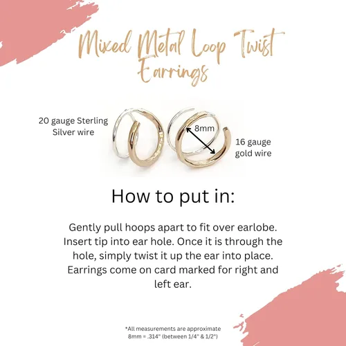 Vista 5 de Aretes Huggie PEQUEÑOS Hechos a Mano de Metal Mixto con Aro Retorcido, Doble Aro para Piercing Individual, Aretes de Plata de Ley y Oro, Ilusión