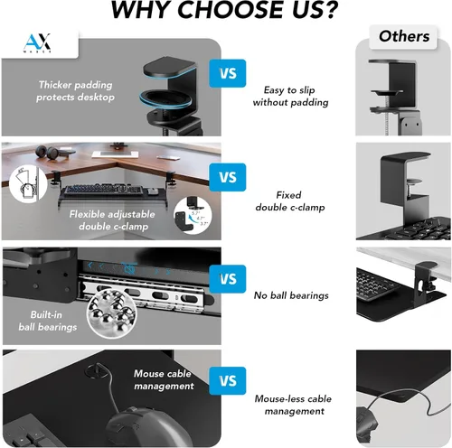 Vista 2 de AX WABER AX01WB01 - Bandeja extraíble para teclado debajo del escritorio con sistema de montaje de abrazadera C ajustable extra resistente, 27.3