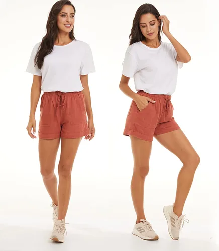 Vista 4 de NEYOUQE Pantalones cortos cómodos de algodón y lino para mujer, con cintura elástica y bolsillo