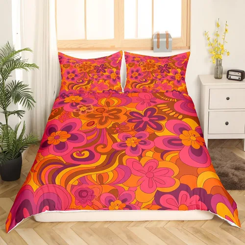 Vista 19 de Juego de ropa de cama Groovy de los años 60 y 70 para niños, funda de edredón retro de flores hippie para niños, adolescentes, vintage, bohemio