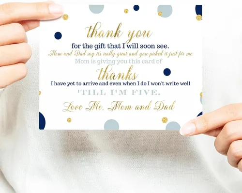 Vista 5 de Paper Clever Party Tarjetas de agradecimiento para baby shower azul marino y dorado con sobres, notas en blanco con mensaje precargado para niños