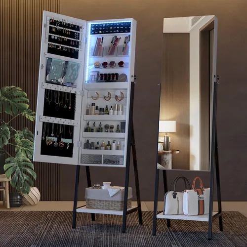 Vista 7 de LVSOMT Armario de joyería independiente con 3 LED con espejo de longitud completa, organizador de armario de joyería con cerradura, espejo grande