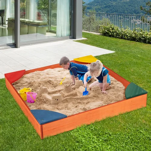 Vista 7 de HONEY JOY Caja de arena de madera para niños, pozo de arena sin fondo para exteriores con 4 asientos esquineros integrados, cajas de arena de cedro