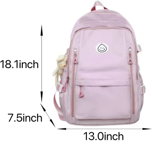 Vista 2 de Mochila preppy con bonito colgante para mujer, mochila para laptop con cara sonriente, mochila kawaii ligera y estética universitaria, Negro