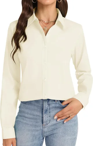 Vista 18 de Camisas con botones J.VER para mujer con cuello elástico y manga larga de algodón, camisa de vestir casual de negocios para el trabajo