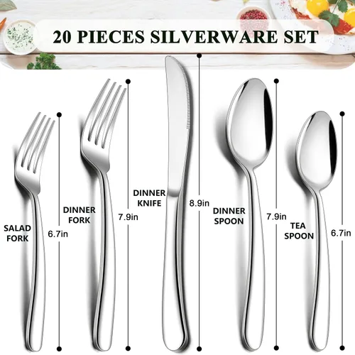 Vista 2 de Herogo Juego de cubiertos de acero inoxidable resistente, 20 piezas de cubiertos elegantes para 4, vajilla moderna para el hogar, restaurante, boda