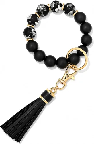 Vista 34 de BAOSIWA Pulsera de cuentas de silicona, llavero de pulsera, cadena para mujer, con borla de cuero Negro