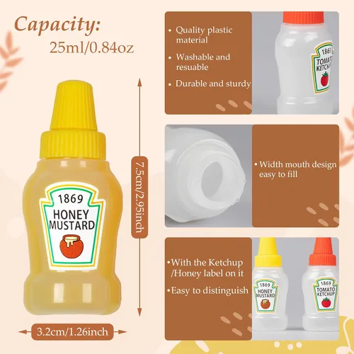 Vista 3 de 4 mini botellas de salsa de tomate para lonchera, recipientes de aderezo de ensalada de 0.8 fl oz, botellas pequeñas para condimentos para salsa