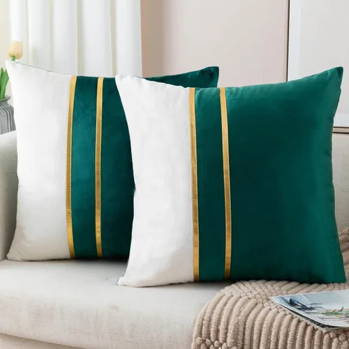Vista 29 de ZLINA Juego de 2 fundas de almohada decorativas de terciopelo verde aguamarina y blanco con parches y cuero dorado de 16 × 16 pulgadas, fundas