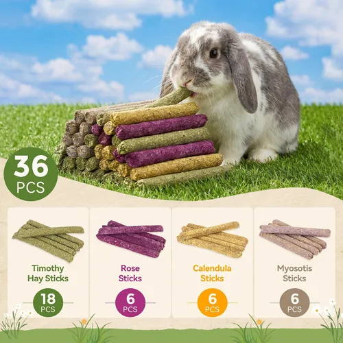 Vista 2 de 36 piezas de golosinas de conejo palillos masticables conejillo de indias juguetes natural Timothy hierba molar dientes palos conejito hámster