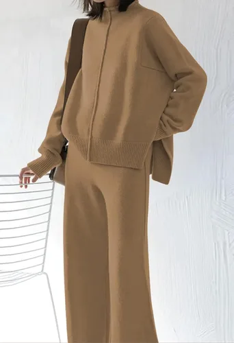 Vista 4 de HUUSA Conjunto deportivo de 2 piezas para mujer, manga larga, cuello alto, suéter de punto, sin botones, cintura alta, piernas anchas, conjunto