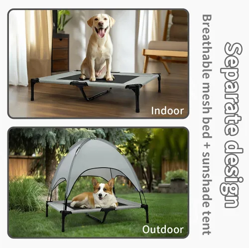 Vista 4 de Cama elevada impermeable para perros con toldo y malla de refrigeración – Cuna elevada portátil para perros grandes, tienda de campaña