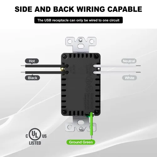 Vista 4 de Micmi Toma USB con enchufe C + A de pared dual de alta velocidad inteligente con capacidad de carga rápida de 4.8 A, 15 amperios y 125 voltios