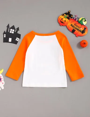Vista 4 de Camisa de Halloween para niños, camiseta de manga larga raglán de calabaza, disfraz de Halloween para niños de 12 meses a 5 años