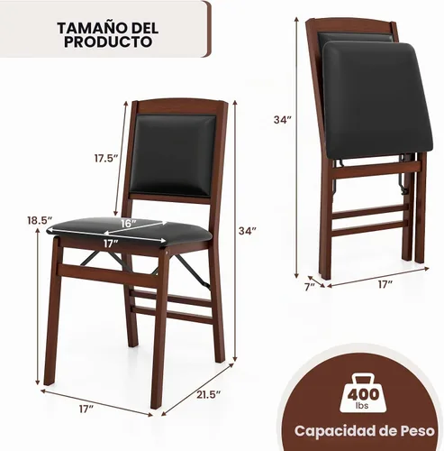 Vista 3 de GIANTEX - Juego de 2 sillas de comedor plegables de madera con asiento acolchado, marco de madera maciza, carga máxima de 400 libras, sin montaje