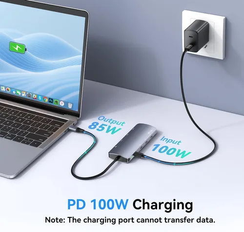 Vista 5 de Hub USB C de 10 Gbps, divisor USB C con salida de video 4K a 60 Hz, carga PD de 100 W, transferencia de datos, extensor adaptador USB 4 multipuerto