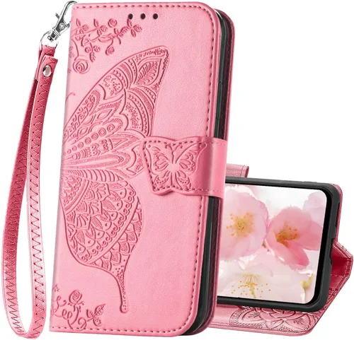 Vista 12 de Funda para teléfono Galaxy A14 5G, funda de piel sintética en relieve de mariposa con tarjeteros para tarjetas de crédito, correa de muñeca