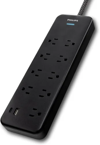 Vista 3 de Philips Protector de sobretensiones de 9 salidas con carga USB, cable de extensión trenzado de 6 pies, 1USB-A, 1USB-C, 2400J, espaciado