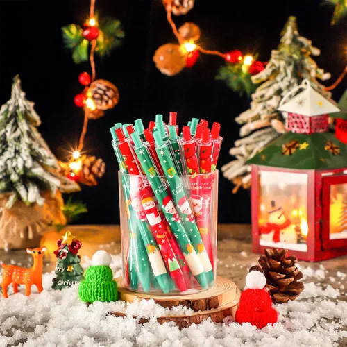 Vista 4 de Leinuosen 48 piezas de bolígrafos de Navidad a granel lindos bolígrafos retráctiles de tinta de gel de color rojo y verde, diseño de renos y árbol