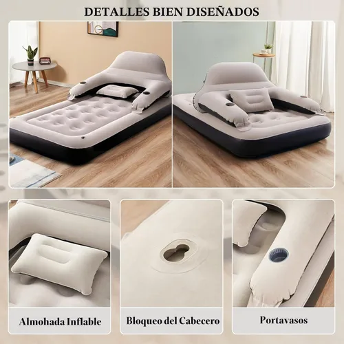 Vista 7 de Sofá cama de colchón de aire tamaño individual con cabecera y almohada, cama inflable para exteriores durante la noche