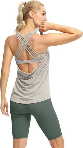 Vista 4 de icyzone Camiseta sin mangas de yoga, atlética, con espalda abierta, para mujer, con brasier integrado