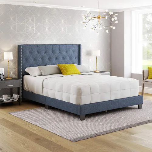 Vista 20 de Boyd Sleep Pisa - Base de cama de terciopelo azul tamaño Queen totalmente tapizada con cabecero ajustable, no requiere somier, fácil montaje, sin