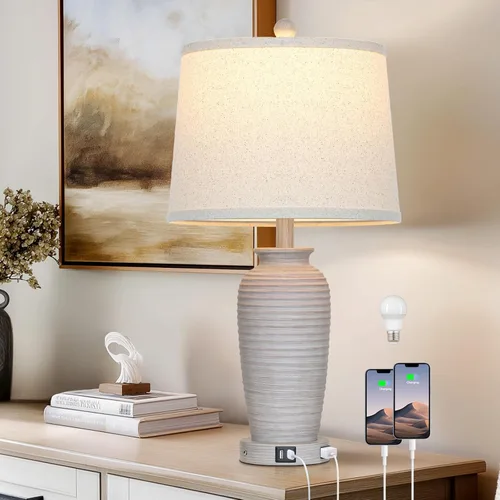 Vista 9 de CINSARY Juego de 2 lámparas de mesa de jarra estilo granja de 25", lámparas de mesita de noche rústicas con control táctil de 3 vías con puertos USB