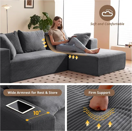 Vista 14 de Sofá modular seccional, sofá deshuesado en forma de L de 108 pulgadas con asiento profundo, sofá nube de pana para sala de estar, dormitorio,