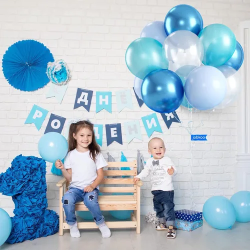 Vista 4 de Globos azul turquesa, 60 unidades de globos azul turquesa con globo azul metálico transparente, globos pastel azul bebé perla y turquesa para Azul
