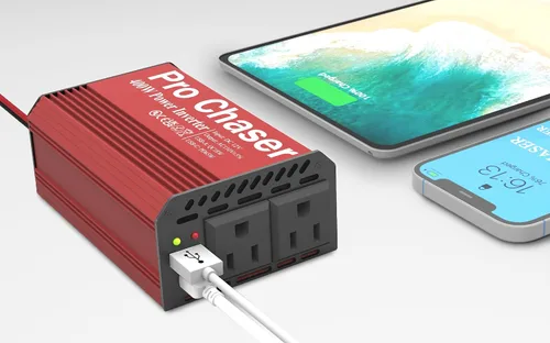 Vista 2 de Pro Chaser - Inversor de corriente para vehículo de 400 W - Convertidor de 12 V CC a 110 V CA para coche, con dos salidas de CA, puertos USB-A QC