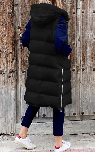 Vista 3 de LEANI Chaleco largo acolchado con cremallera completa para mujer, abrigo sin mangas con bolsillos