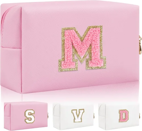Vista 14 de Bolsa de maquillaje con parche de letra inicial personalizada, bolsa de cosméticos de chenilla preppy con letra de chenilla con cremallera, Y