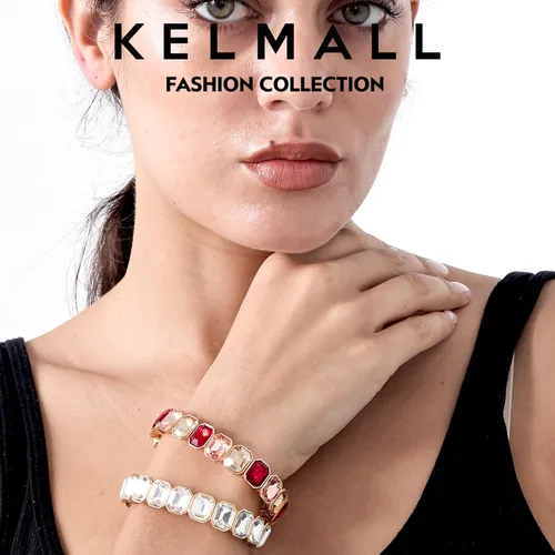 Vista 3 de KELMALL Trendy Crystal Exquisite Small Square Stretch Bracelet for Women, Party Proms Vibant Bling Rhinestone Elastic Bangle- Multi
