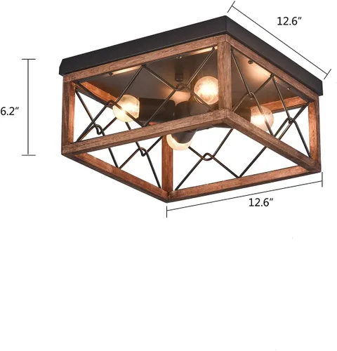 Vista 2 de TFCFL Retro Industrial Style Ceiling Light,Square Wrought Iron Ceiling Lamp with Wooden Lampshade,4-Light Flush Mount Ceiling Lights Fixtures for