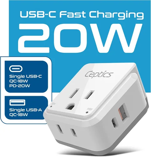 Vista 2 de Ceptics Adaptador de Enchufe de Corriente Internacional Juego de Viaje, 20W PD y QC, USB Dual Seguro y USB-C 3.1A - 2 Tomas de EE.UU. - Compacto