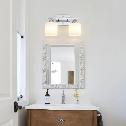 Vista 2 de Mecgirn Luces de tocador de vidrio de leche de acero inoxidable para baño, 2 lámparas cromadas de baño sobre espejo, enchufes E26 de cerámica