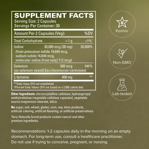 Vista 5 de Terry Naturally Thyroid Care Plus - Yodo + L-tirosina, 60 cápsulas - Suplemento de apoyo tiroideo con selenio, promueve la energía y el metabolismo