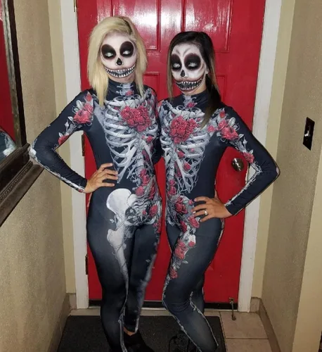 Vista 5 de Selowin - Overol para disfraz de Halloween con estampado de esqueleto, traje de gato