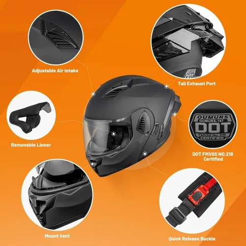 Vista 5 de OUMURS Cascos modulares de motocicleta de cara completa abatible, casco de motocicleta para bicicleta de calle, unisex, modelo 167 para adultos