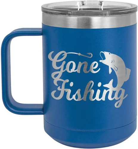 Vista 10 de GONE FISHING Taza de café negra de 15 oz con tapa deslizante Taza de café de viaje aislada Ideas de regalos de cumpleaños o Navidad de mujeres u