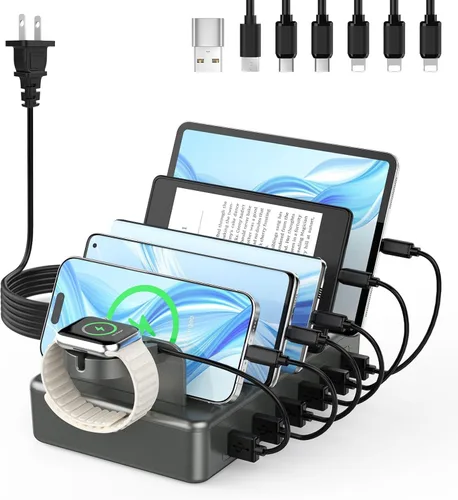 Vista 8 de Estación de Carga para Múltiples Dispositivos, CREATIVE DESIGN Estación de Carga USB 50W de 6 Puertos con Soporte para Apple Watch y 6 Cables